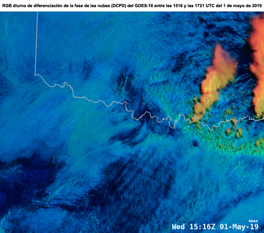RGB diurno de diferenciación de la fase de las nubes del GOES-16 entre las 1516 y las 1721 UTC del 1 de mayo de 2019 (inicio de la convección)