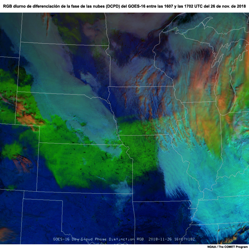 Secuencia de imágenes RGB diurno de diferenciación de la fase de las nubes (DCPD) del GOES-16 sobre el Medio Oeste de los EE. UU. entre las 1607 y las 1702 UTC del 26 de noviembre de 2018