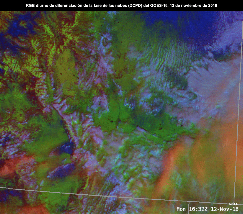 RGB diurno de diferenciación de la fase de las nubes (DCPD) del GOES-16 centrado en el sur de Colorado, entre las 1632 y las 1927 UTC del 12 de noviembre de 2018