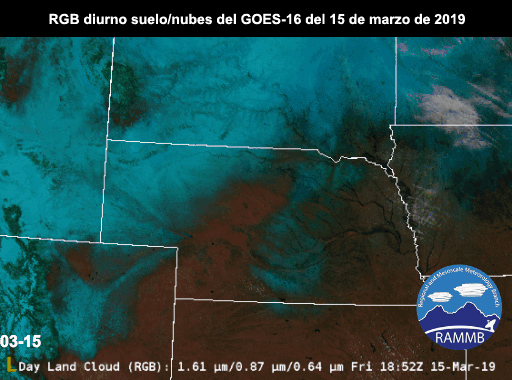 Secuencia de imágenes RGB diurno suelo/nubes del GOES-16 sobre la región de las planicies centrales de los EE. UU. entre las 1652 y las 2042 UTC del 15 de marzo de 2019