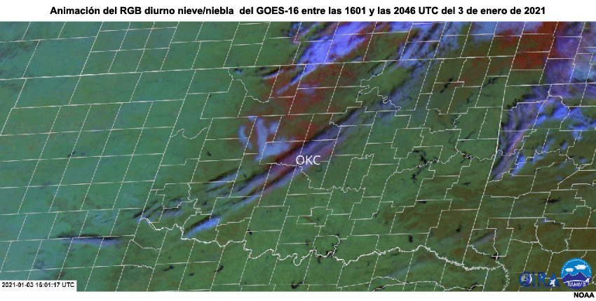 Animación del RGB diurno nieve/niebla del GOES-16 entre las 1601 y las 2046 UTC del 3 de enero de 2021, correspondiente al período entre la mañana y la media tarde