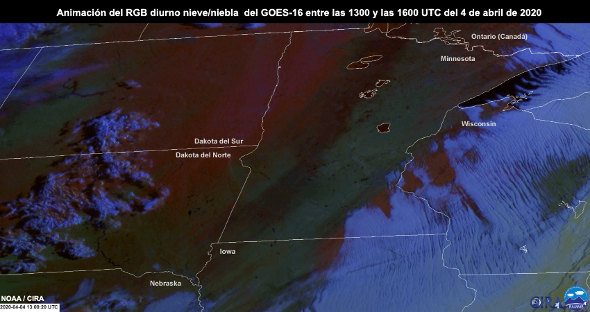 Animación del RGB diurno nieve/niebla  del GOES-16 entre las 1300 y las 1600 UTC del 4 de abril de 2020