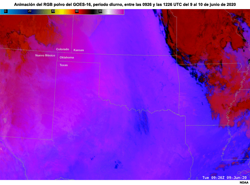 Animación del RGB polvo del GOES-16, período diurno, entre las 0926 y las 1226 UTC del 9 al 10 de junio de 2020