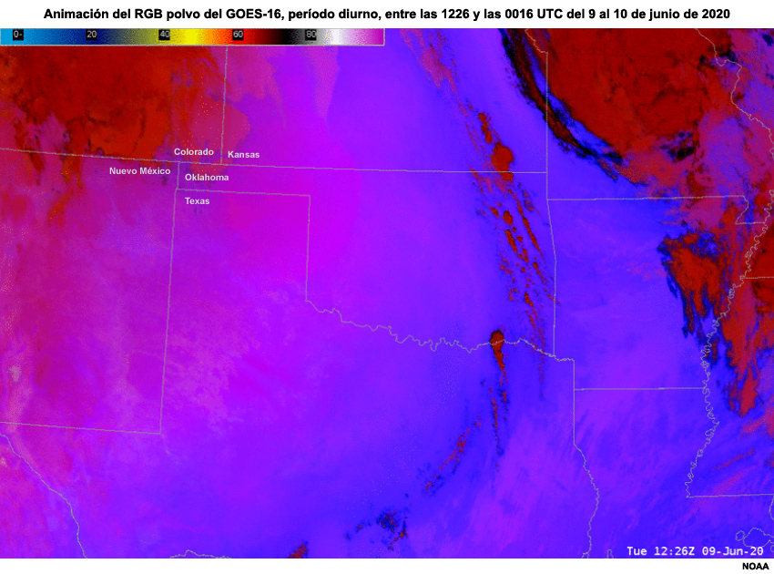 Animación del RGB polvo del GOES-16, período diurno, entre las 1226 y las 0016 UTC del 9 al 10 de junio de 2020