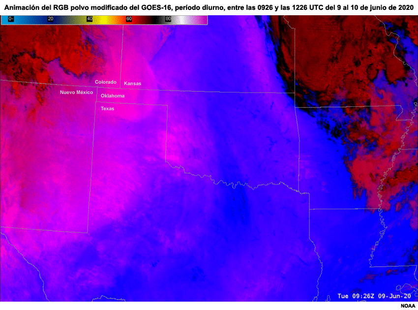 Animación del RGB polvo modificado del GOES-16, período diurno, entre las 0926 y las 1226 UTC del 9 al 10 de junio de 2020