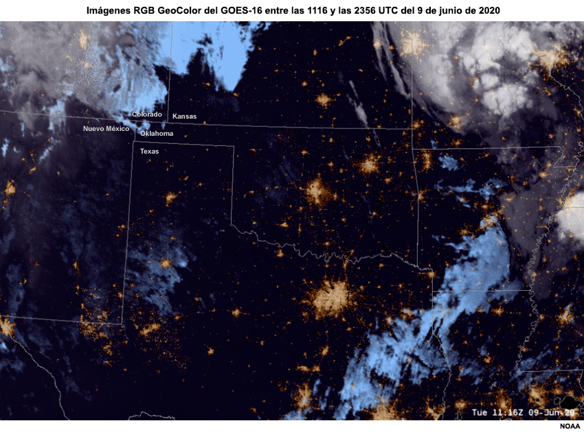 Secuencia de imágenes RGB GeoColor del GOES-16 centrada en Texas y Oklahoma entre las 1116 y las 2356 UTC del 9 de junio de 2020