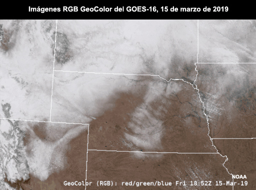 Secuencia de imágenes RGB GeoColor del GOES-16 que muestra la región de las planicies centrales de los EE. UU. entre las 1652 y las 2042 UTC del 15 de marzo de 2019