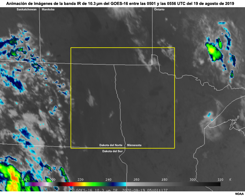 Animación de imágenes de la banda IR de 10.3 µm del GOES-16 centrada en las planicies del norte de EE. UU. entre las 0501 y las 0556 UTC del 19 de agosto de 2019