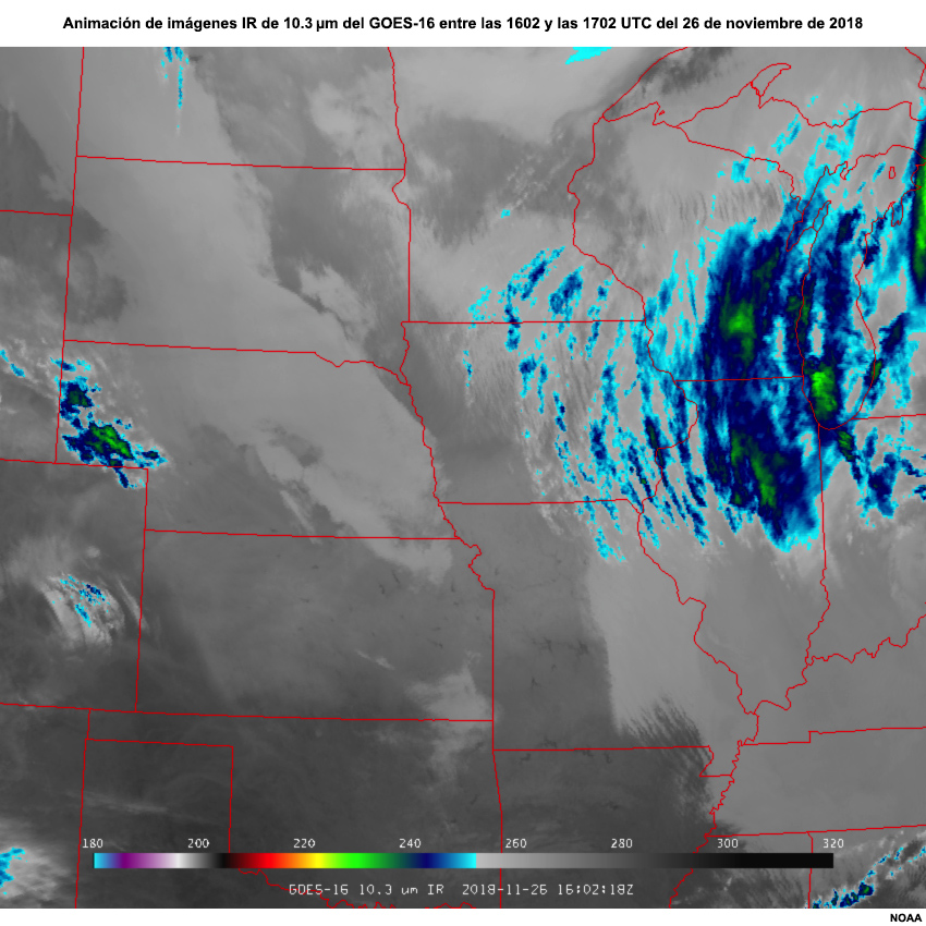 Secuencia de imágenes IR de 10.3 µm del GOES-16 centradas en el Medio Oeste de los EE. UU. entre las 1602 y las 1702 UTC del 26 de noviembre de 2018