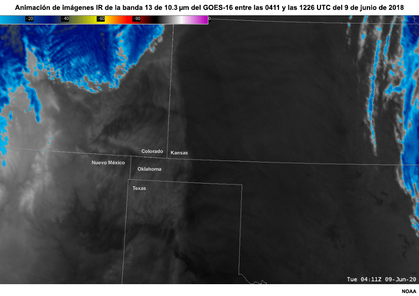 Animación de imágenes IR de la banda 13 de 10.3 µm del GOES-16 entre las 0411 y las 1226 UTC del 9 de junio de 2018