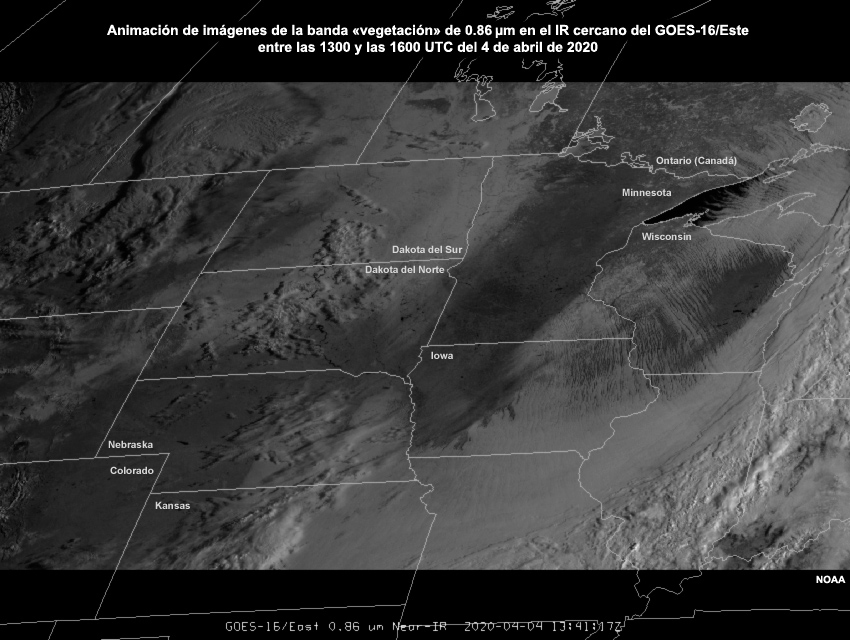 Animación de imágenes de la banda «vegetación» de 0.86 µm en el IR cercano del GOES-16/Este entre las 1300 y las 1600 UTC del 4 de abril de 2020