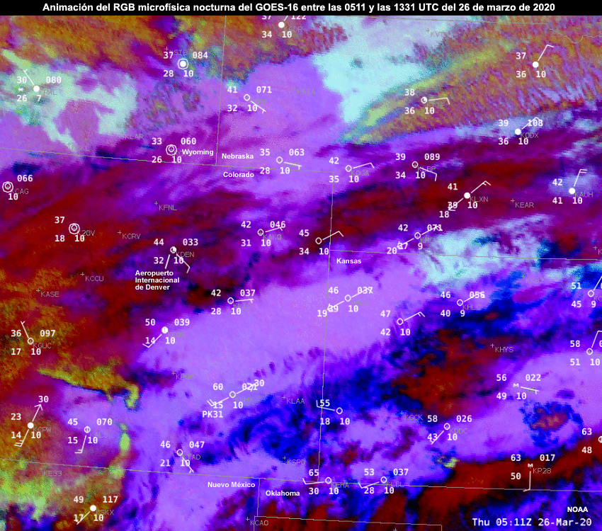 Animación del RGB microfísica nocturna del GOES-16 entre las 0511 y las 1331 (durante la noche y hasta el amanecer) UTC del 26 de marzo de 2020