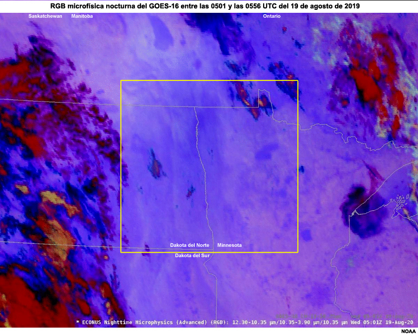 Animación del RGB microfísica nocturna del GOES-16 centrada en las planicies del norte de EE. UU. entre las 0501 y las 0556 UTC del 19 de agosto de 2019