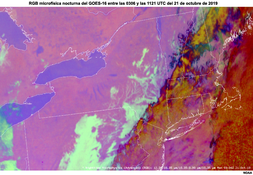 RGB microfísica nocturna del GOES-16 entre las 0306 y las 1121 UTC del 21 de octubre de 2019