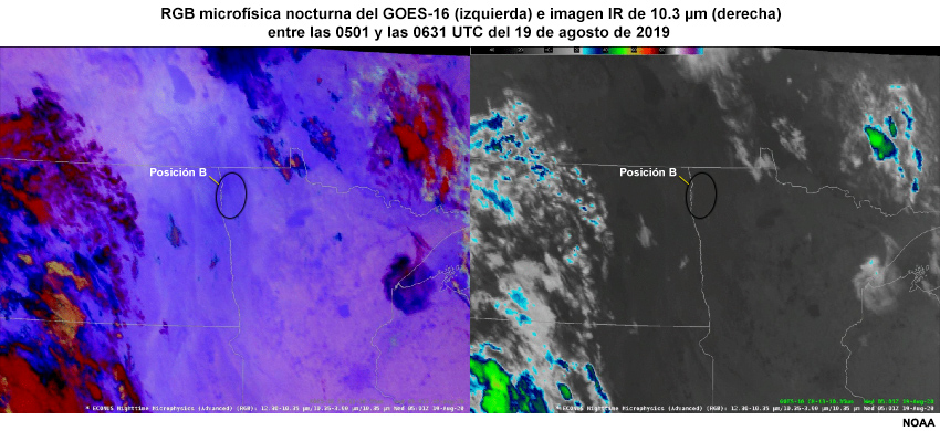 Animación de RGB microfísica nocturna del GOES-16 (izda.) e imágenes IR de 10.3 µm (dcha.) centrada en el Medio Oeste de los EE. UU. entre las 0501 y las 0631 UTC del 19 de agosto de 2019