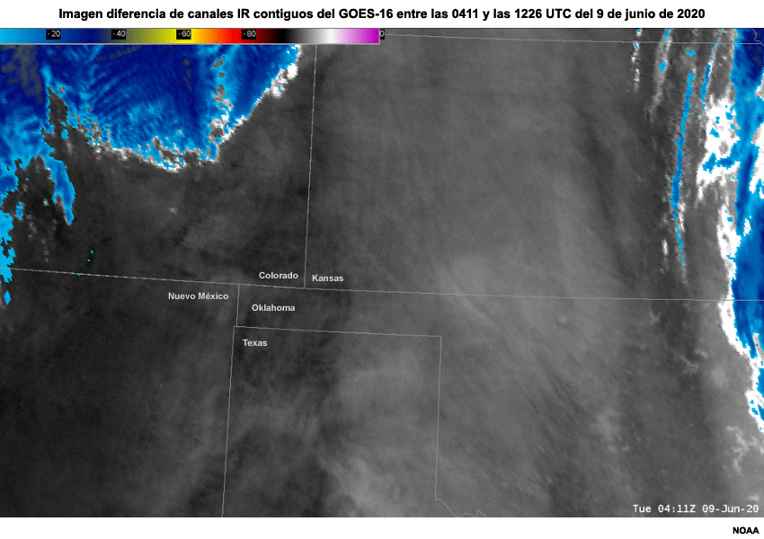 Imagen diferencia de canales IR contiguos (SWD 2.3 µm menos 10.3 µm) del GOES-16 entre las 0411 y las 1226 UTC del 9 de junio de 2020