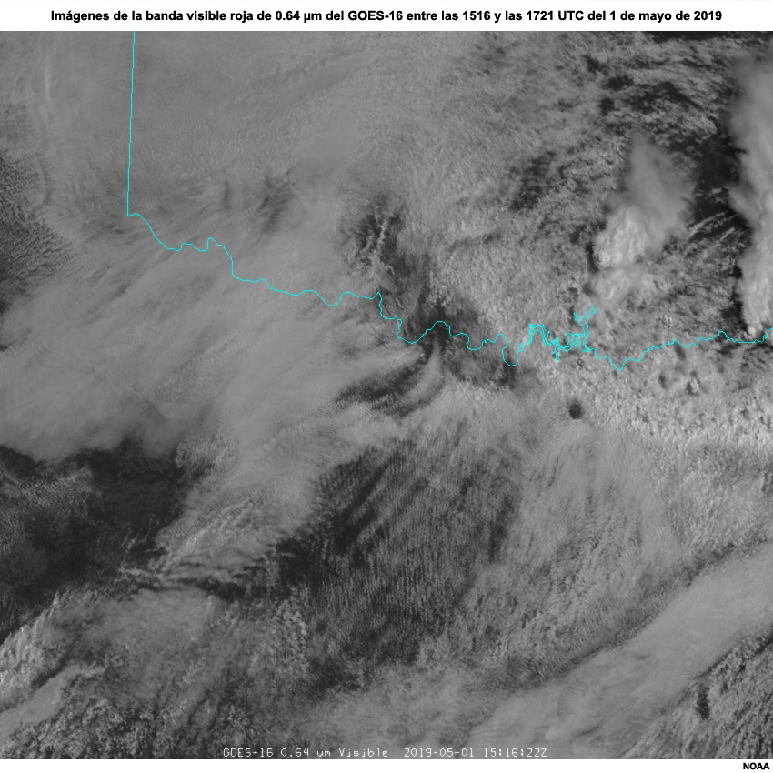 Animación de imágenes visibles del GOES-16 entre las 1516 y las 1721 UTC del 1 de mayo de 2019 (iniciación de la convección)