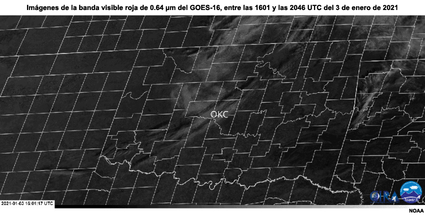 Secuencia de imágenes de la banda visible roja de 0.64 micrómetros del GOES-16 que abarca el período entre la mañana y la tarde (1601 y las 2046 UTC) del 26 de enero de 2021