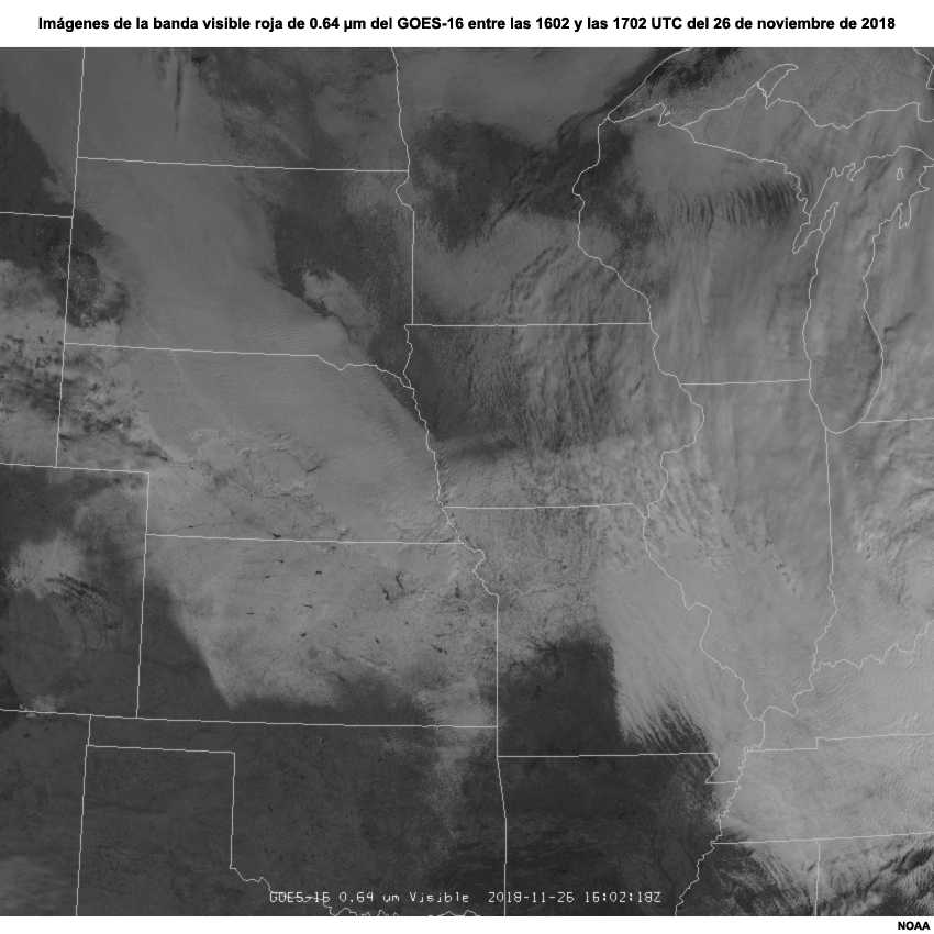 Secuencia de imágenes de la banda visible roja de 0.64 micrómetros del GOES-16 centrada en el Medio Oeste de los EE. UU. entre las 1602 y las 1702 UTC del 26 de noviembre de 2018