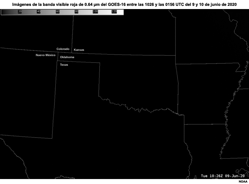 Secuencia de imágenes de la banda visible roja de 0.64 micrómetros del GOES-16/Este centrada en la región de Texas y Oklahoma entre las 1026 y las 0156 UTC) del 9 al 10 de junio de 2020