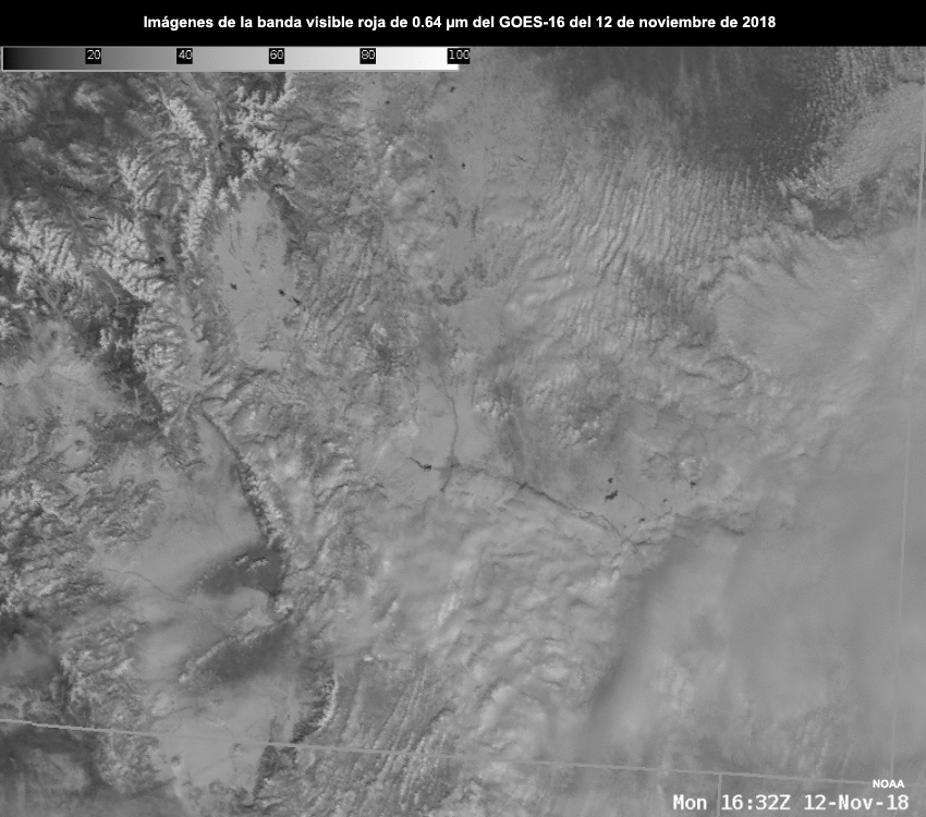Secuencia de imágenes de la banda visible roja de 0.64 micrómetros del GOES-16 centrada en el sur de Colorado (EE. UU.) entre las 1632 y las 1927 UTC del 11 de noviembre de 2018