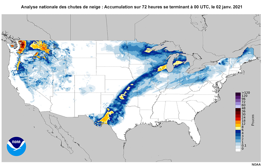 Analyse nationale des chutes de neige : Accumulation sur 72 heures se terminant à 00 UTC, le 02 janvier 2021