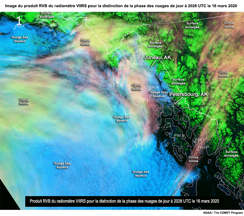 Image étiquetée du produit RVB du radiomètre VIIRS pour la distinction de la phase des nuages de jour à 2028 UTC, le 16 mars 2020