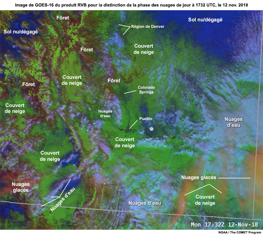 Image étiquetée de GOES-16 du produit RVB DPNJ, sur le sud du Colorado à 1732 UTC, le 11 novembre 2018