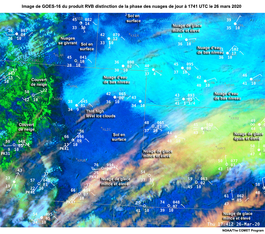 Image annotée de GOES-16 du produit RVB distinction de la phase des nuages de jour (lumière du jour) à 1741 UTC, le 26 mars 2020