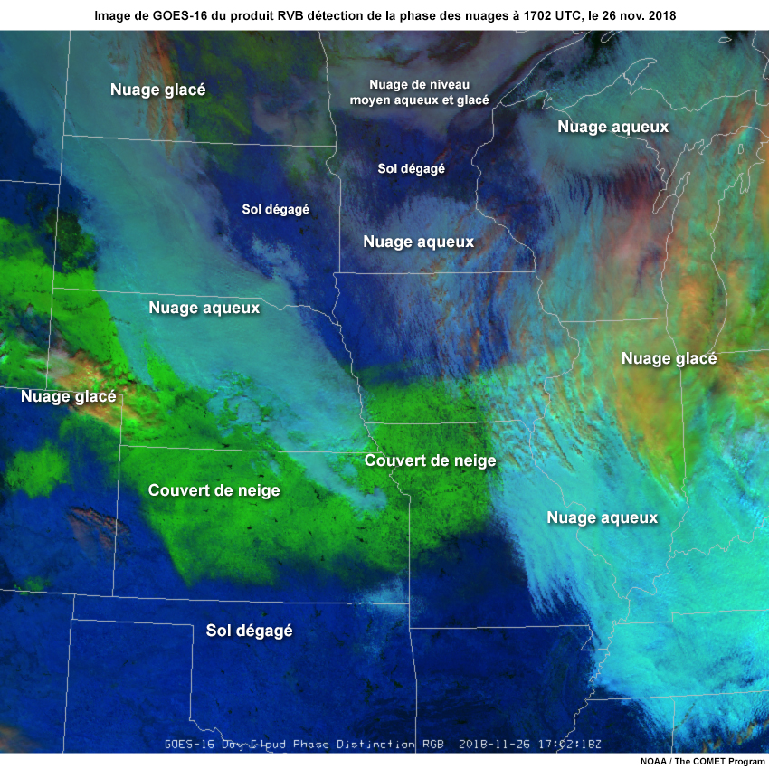 Image de GOES-16 du produit RVB distinction de la phase des nuages de jour au-dessus du Midwest des États-Unis à 1702 UTC, le 26 novembre 2018