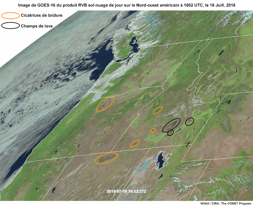 Image étiquetées de GOES-16 du produit RVB sol-nuage de jour sur le Nord-ouest américain à 1802 UTC, le 18 Juillet 2018