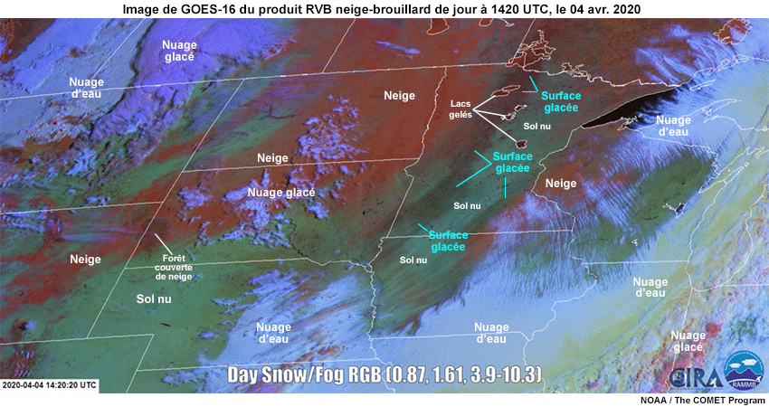 Images étiquetées de GOES-16/Est du produit RVB neige-brouillard de jour de 13 à 16 UTC, le 04 avril 2020