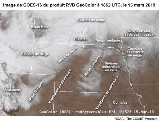 Image étiquetée de GOES-16 du produit RVB Geocolor, pour les plaines centrales des États-Unis à 1852 UTC, le 15 mars