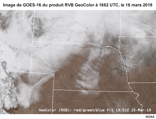 Image pour interagir de GOES-16 du produit RVB GeoColor sur les plaines centrales des États-Unis, à 1852 UTC, le 15 mars