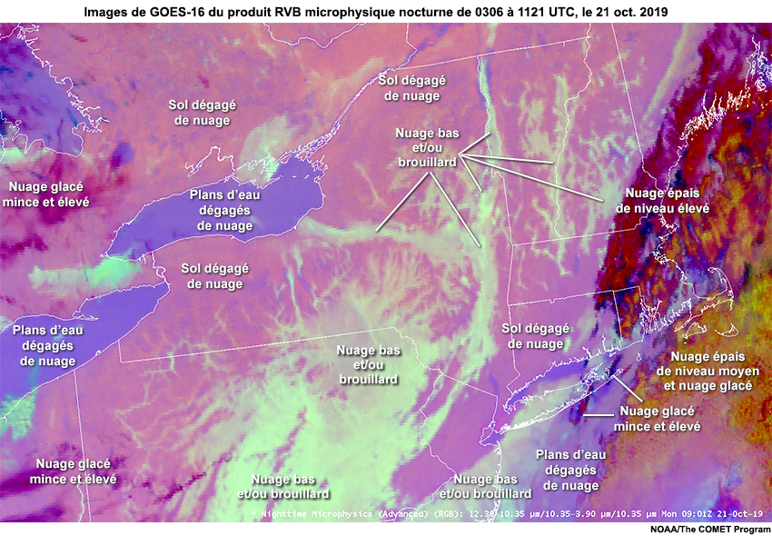 Image de rétroaction annotée de GOES-16 du produit microphysique nocturne à 0901 UTC, le 21 octobre 2019