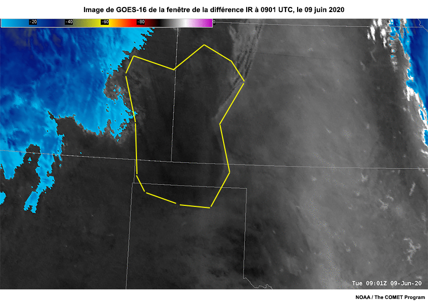 Image annotée de la différence des spectres IR de 12,3 moins 10,3 µm de GOES-16 pour la poussière à 0901 UTC, le 09 juin 2020