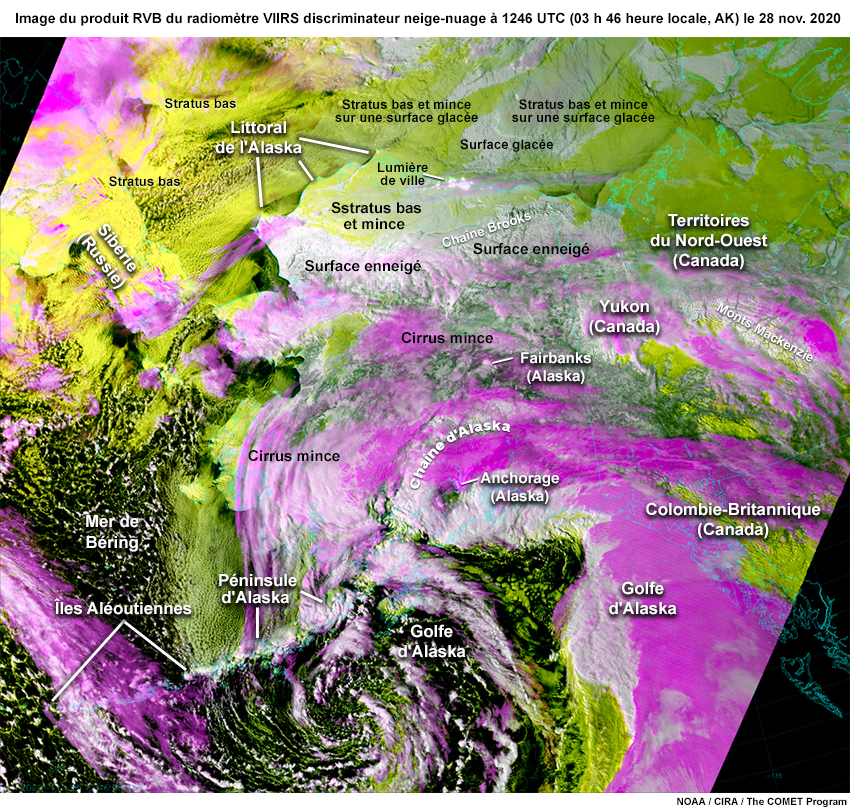 Image de rétroaction du produit RVB discriminateur neige-nuage du radiomètre VIIRS à 1246 UTC (03 h 46 heure locale d’Alaska), le 28 novembre 2020