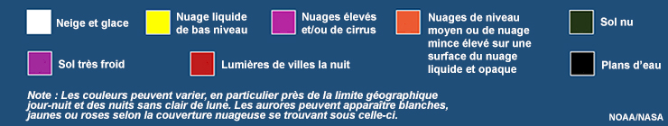 Légende d'interprétation des couleurs pour le produit composé RVB discriminateur neige-nuage de jour du radiomètre VIIRS