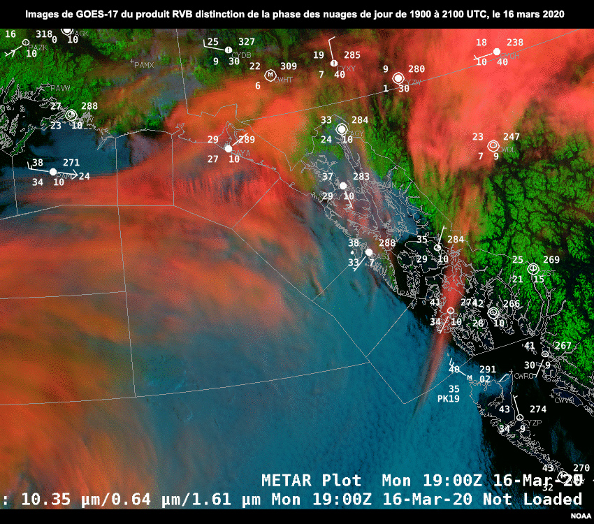 Images animés de GOES-17 du produit RVB distinction de la phase des nuages de 1900 à 2100 UTC, le 16 mars 2020