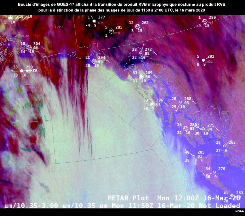 Images animées de transition de GOES-16 du produit RVB microphysique nocturne  vers le produit RVB distinction de la phase des nuages de jour de 1150 à 2100 UTC (03 h 50 à 13 h 00 heure locale), le 16 mars 2020