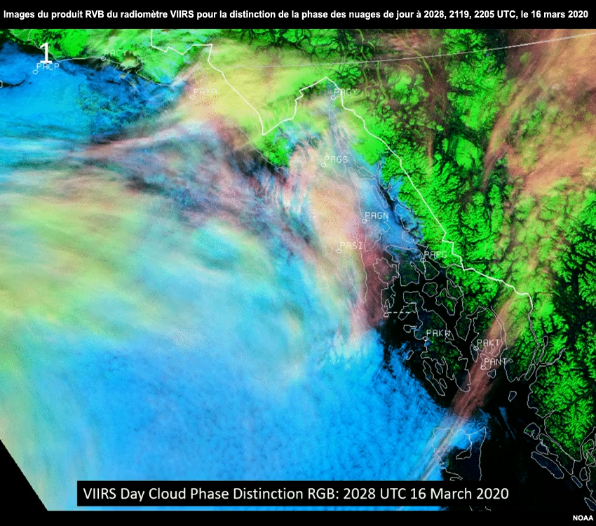 Animation du produit RVB du radiomètre VIIRS pour la distinction de la phase des nuages à 2028, 2119, et 2205 UTC, le 16 mars 2020