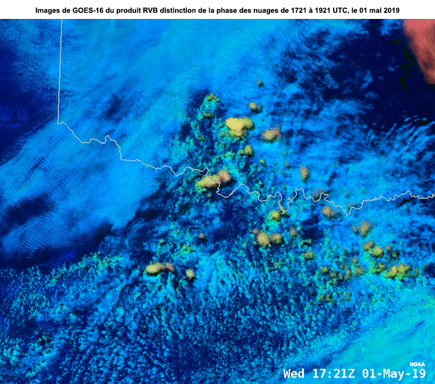 Image de GOES-16 du produit RVB distinction de la phase des nuages de jour pendant la période d'initiation de la convection de 1721 à 1921 UTC, le 01 mai 2019