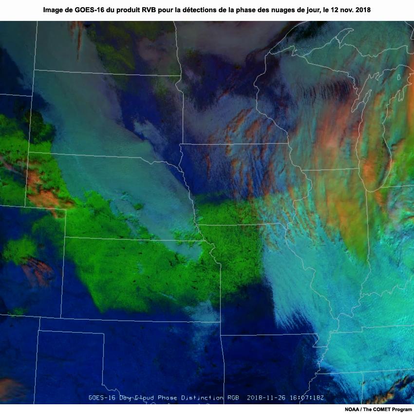 Image de GOES-16 du produit RVB pour la détections de la phase des nuages de jour pour le sud du Colorado, de 1632 à 1927 UTC, le 11 novembre 2018
