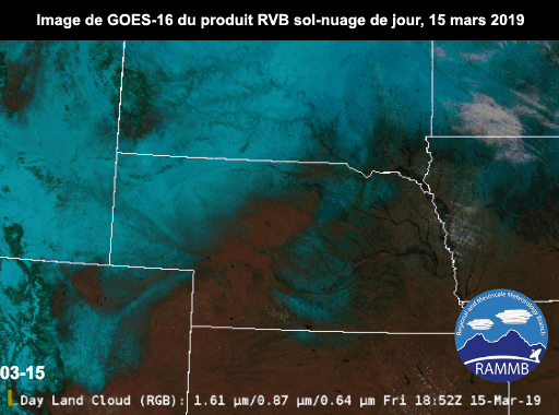 Images  en boucle de GOES-16 du produit RVB sol-nuage de jour  pour les plaines centrales américaines, de 1652 à 2042 UTC, le 15 mars 2019