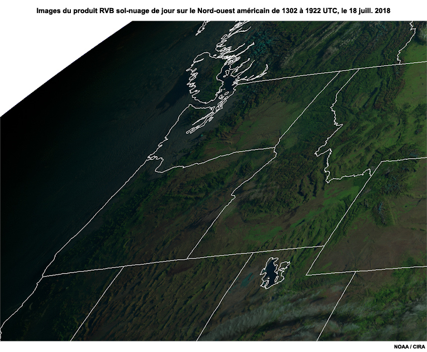 Images animées de GOES-16 du produit RGB sol-nuage de jour sur le Nord-ouest américain de 1302 à 1922 UTC, le 18 juillet 2018