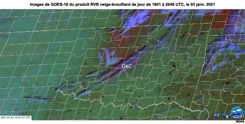 Images en boucle de GOES-16 du produit RVB neige-brouillard de jour du matin jusqu’au milieu de l'après-midi de 1601 à 2046 UTC, le 03 janvier 2021