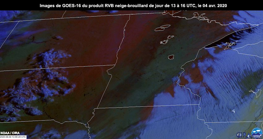 Images en boucle de GOES-16/Est du produit RVB neige-brouillard de jour, de 13 à 16 UTC, le 04 avril 2020