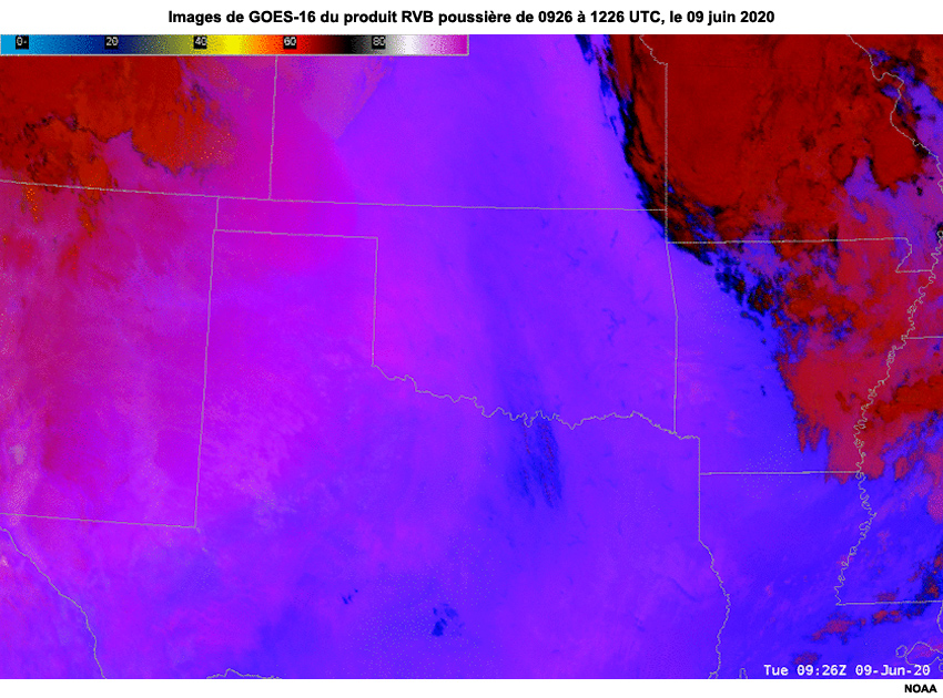 Images en boucle de GOES-16 du produit RVB poussière de 0926 à 1226 UTC, le 09 juin