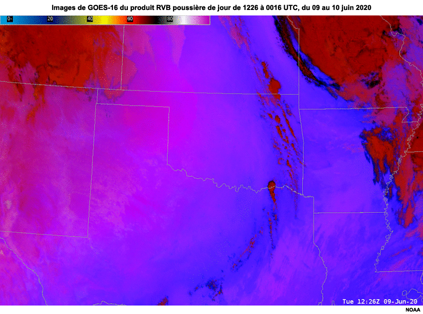Images en boucle de GOES-16 du produit RVB poussière sur le Texas et l'Oklahoma pendant les heures de clarté de 1226 à 0016 UTC, du 09 au 10 juin 2020