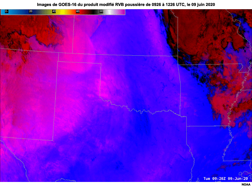 Images en boucle de GOES-16 du produit modifié RVB poussière de 0926 à 1226 UTC, le 09 juin
